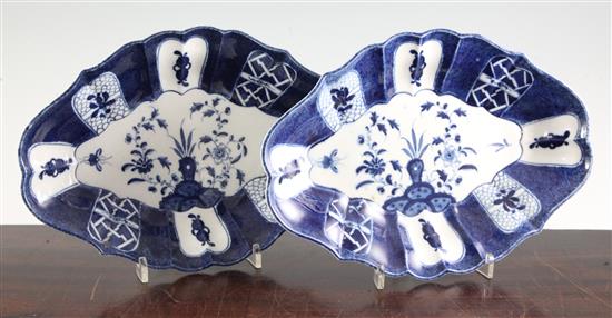 A pair of Caughley powder blue lozenge shaped dishes, c.1780, 28cm